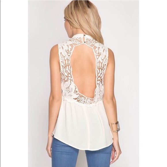 Open Back Sleeveless Top W Crochet Lace Detail - Picture 3 of 4